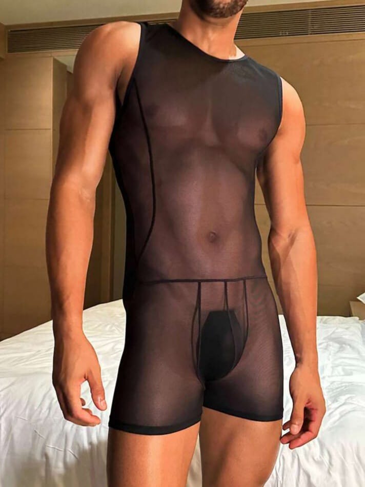 CHOCKOLATE-BOY Men's Elastic Mesh See-Through Backless Sexy Bodysuit